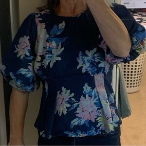 Gracia Navy Pink Floral Cabbage Boho Blouse Pleated Peplum Puff Sleeve full zip